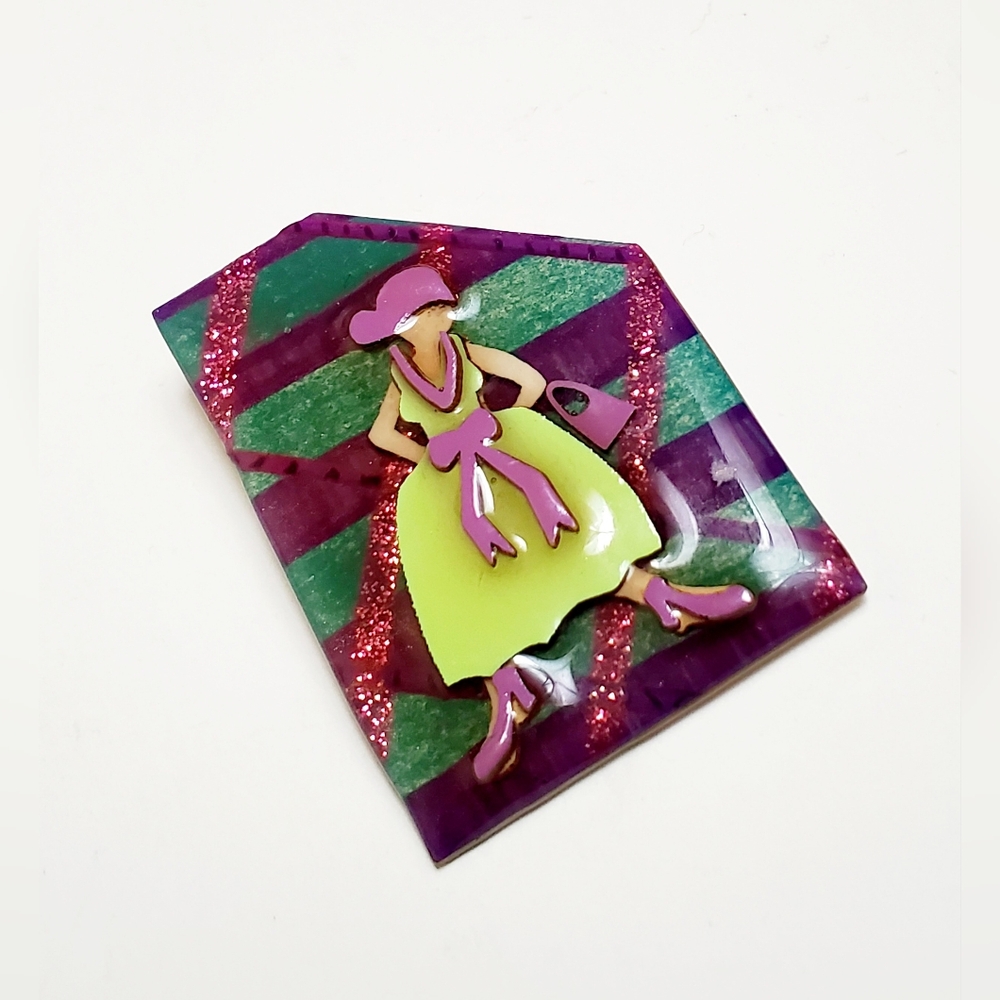 Vintage Woman Pins By Lucinda Lady In Green Dress Brooch